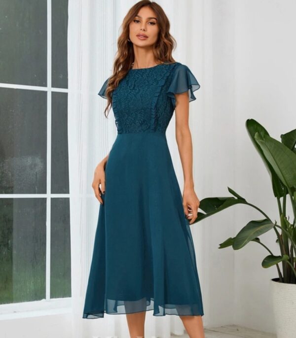 Teal U-Neck Chiffon Dress with Short Sleeve