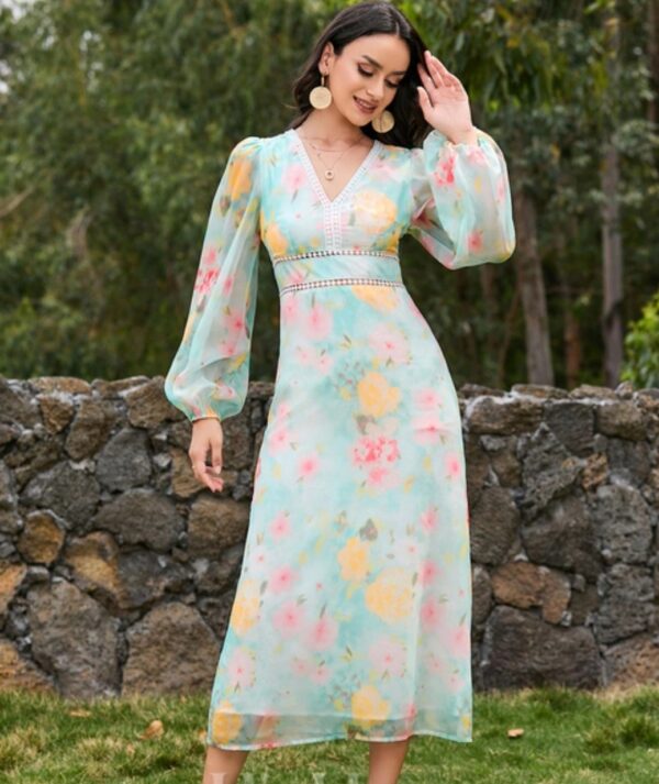 V- neck chiffon dress with flower design and transparent sleeves